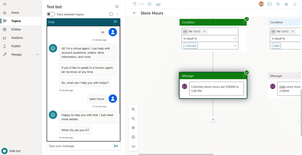 Making the first chatbot - After being directed to author canvas, the flow of the chatbot will be displayed with the created trigger phrases.