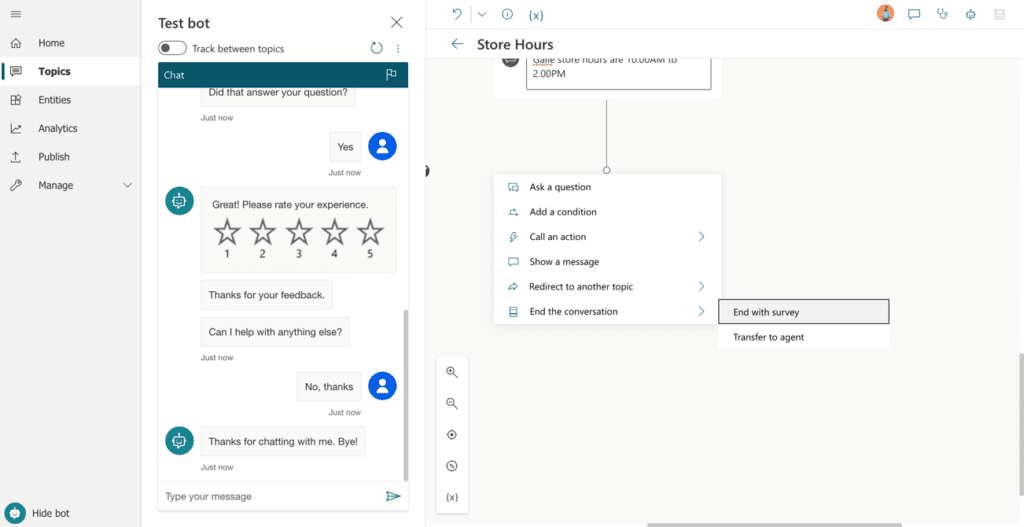 Making the first chatbot - After being directed to author canvas, the flow of the chatbot will be displayed with the created trigger phrases.