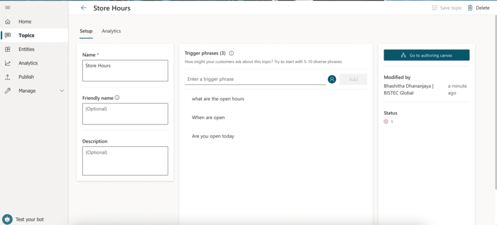 Making the first chatbot - Create a Trigger phrase