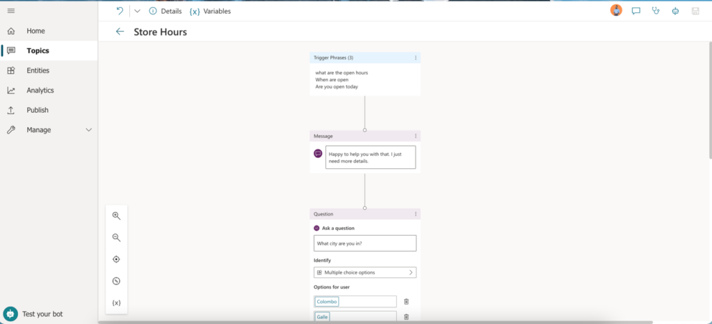 Making the first chatbot - After being directed to author canvas, the flow of the chatbot will be displayed with the created trigger phrases.