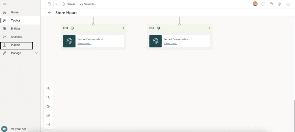 Making the first chatbot - Select the publish Icon in the navigation pane.